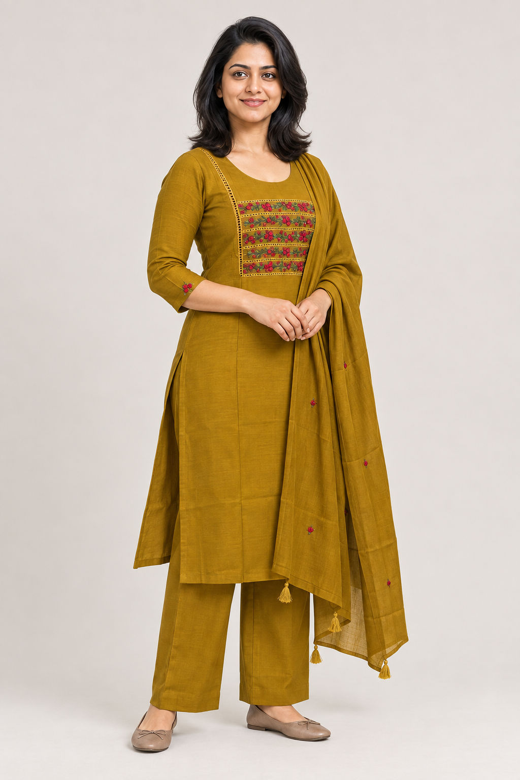 CHANDERI SILK-CHURIDAR 3 PIECE SET-MUSTARD YELLOW