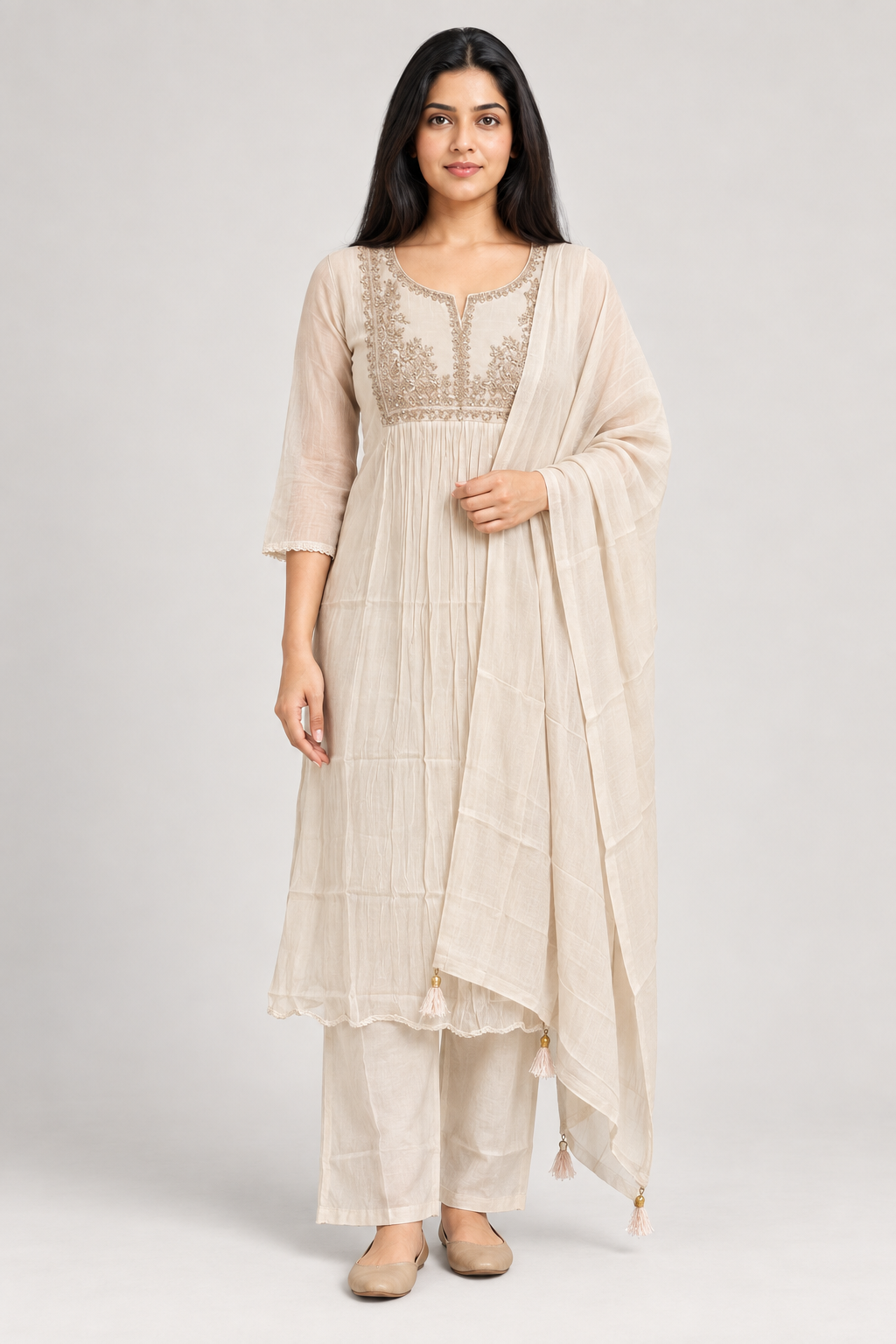 CHANDERI SILK-CHURIDAR 3 PIECE SET-OFF WHITE