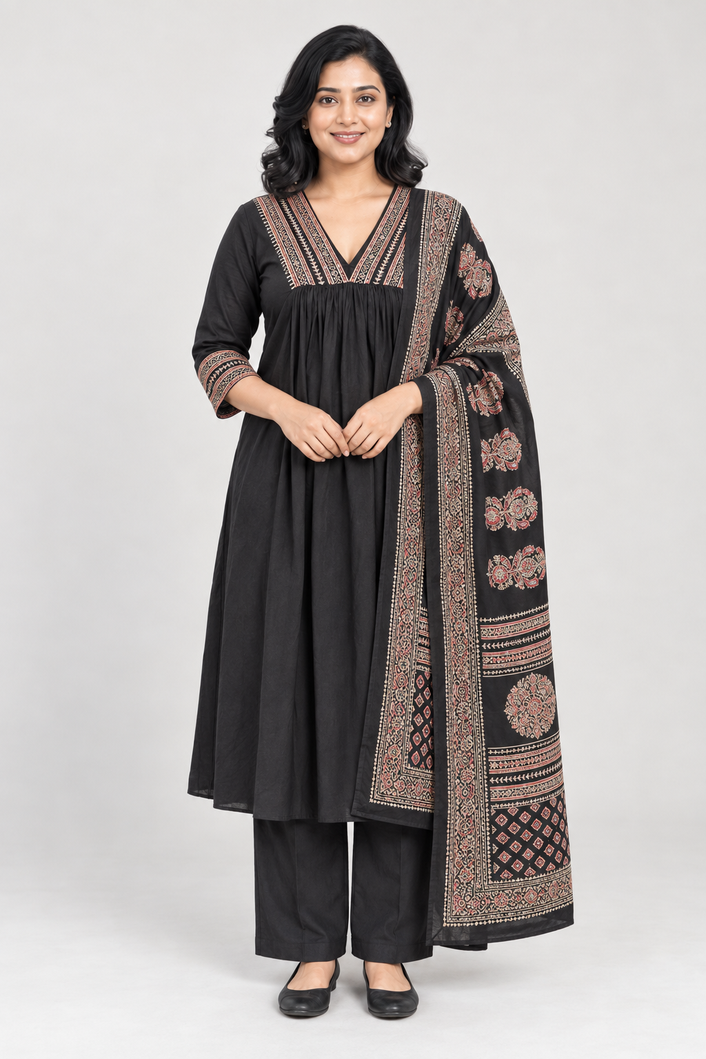 COTTON-3 PIECE SET-BLACK ANARKALI