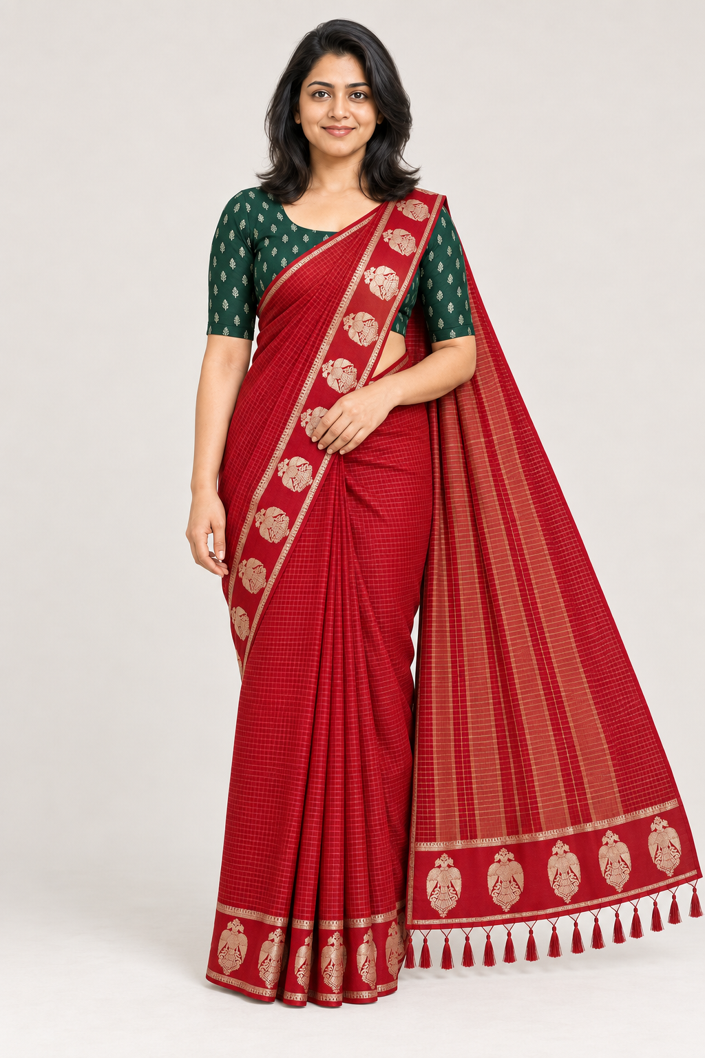 RED WITH BOTTLE GREEN BLOUSE