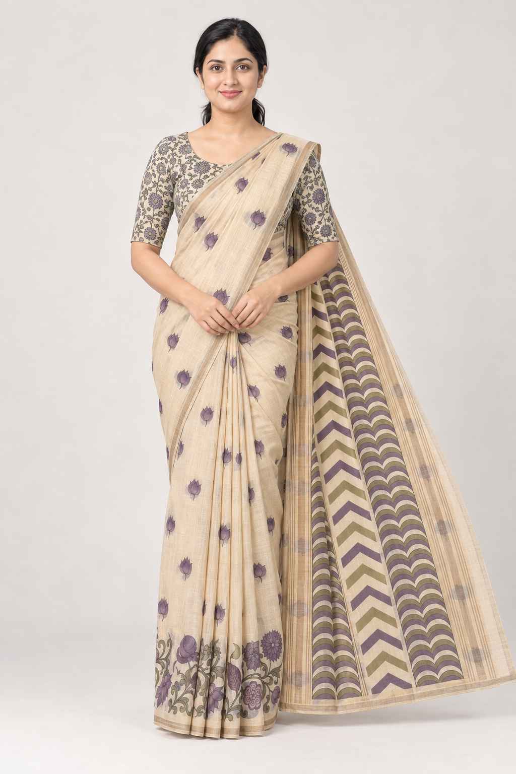 COTTON TISSUE-OFF WHITE WITH LAVENDAR FLORAL PRINT