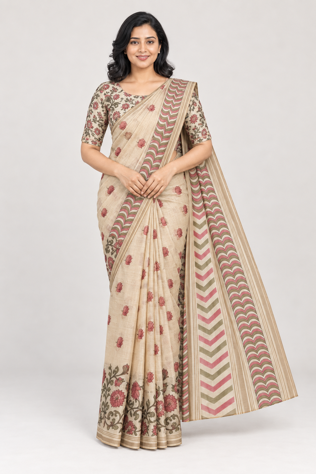 COTTON TISSUE-OFF WHITE WITH PINK FLORAL PRINT