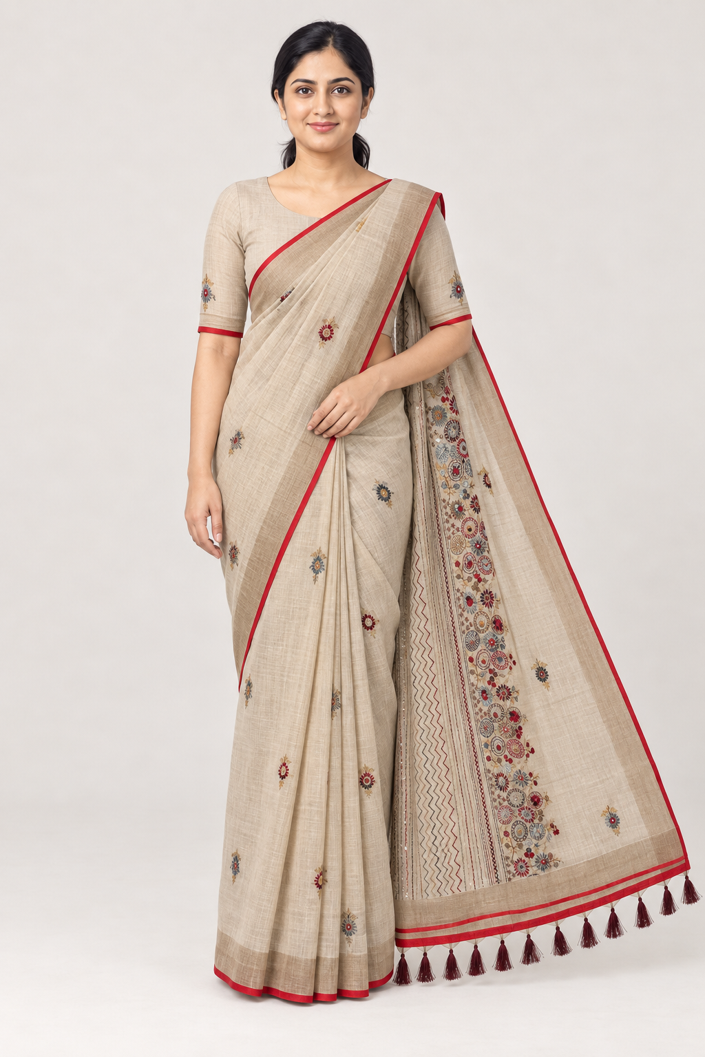 BEIGE AND MAROON LINEN