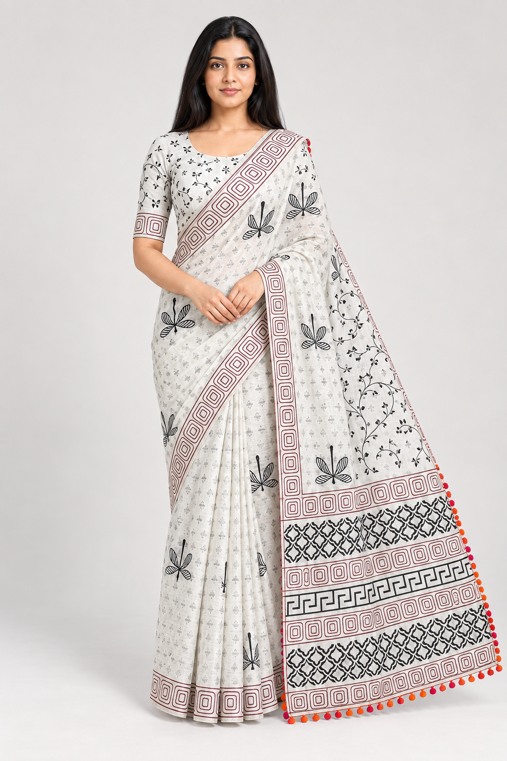 WHITE COTTON POM POM SAREE