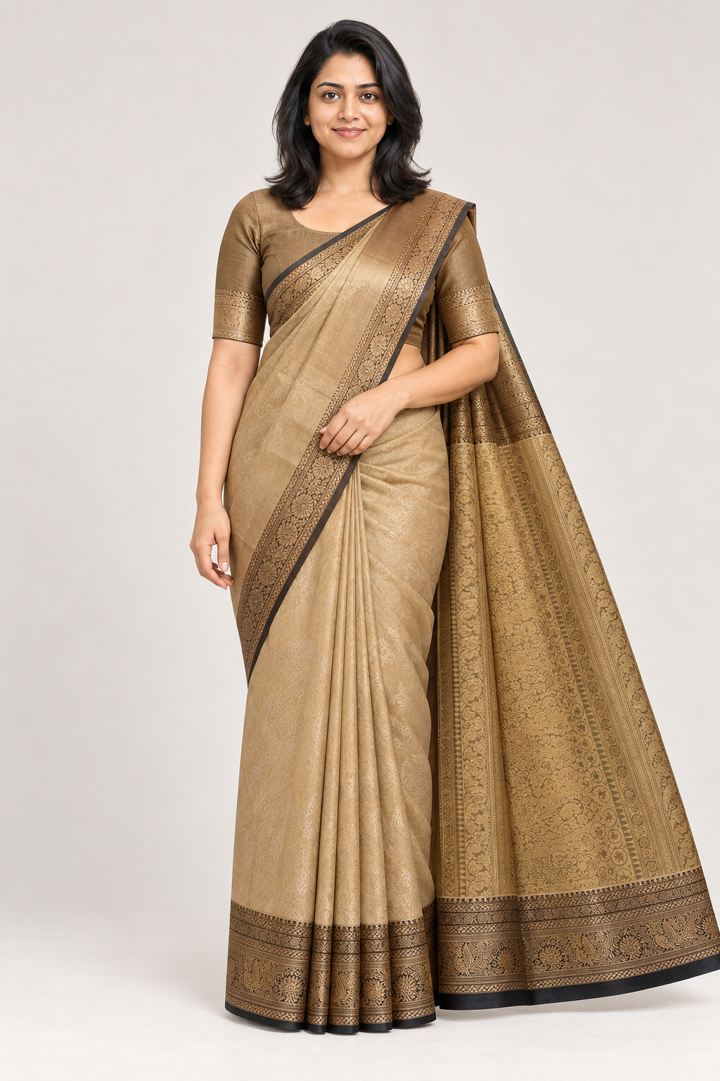 BEIGE BROCADE WITH CHOCOLATE BROWN BORDER