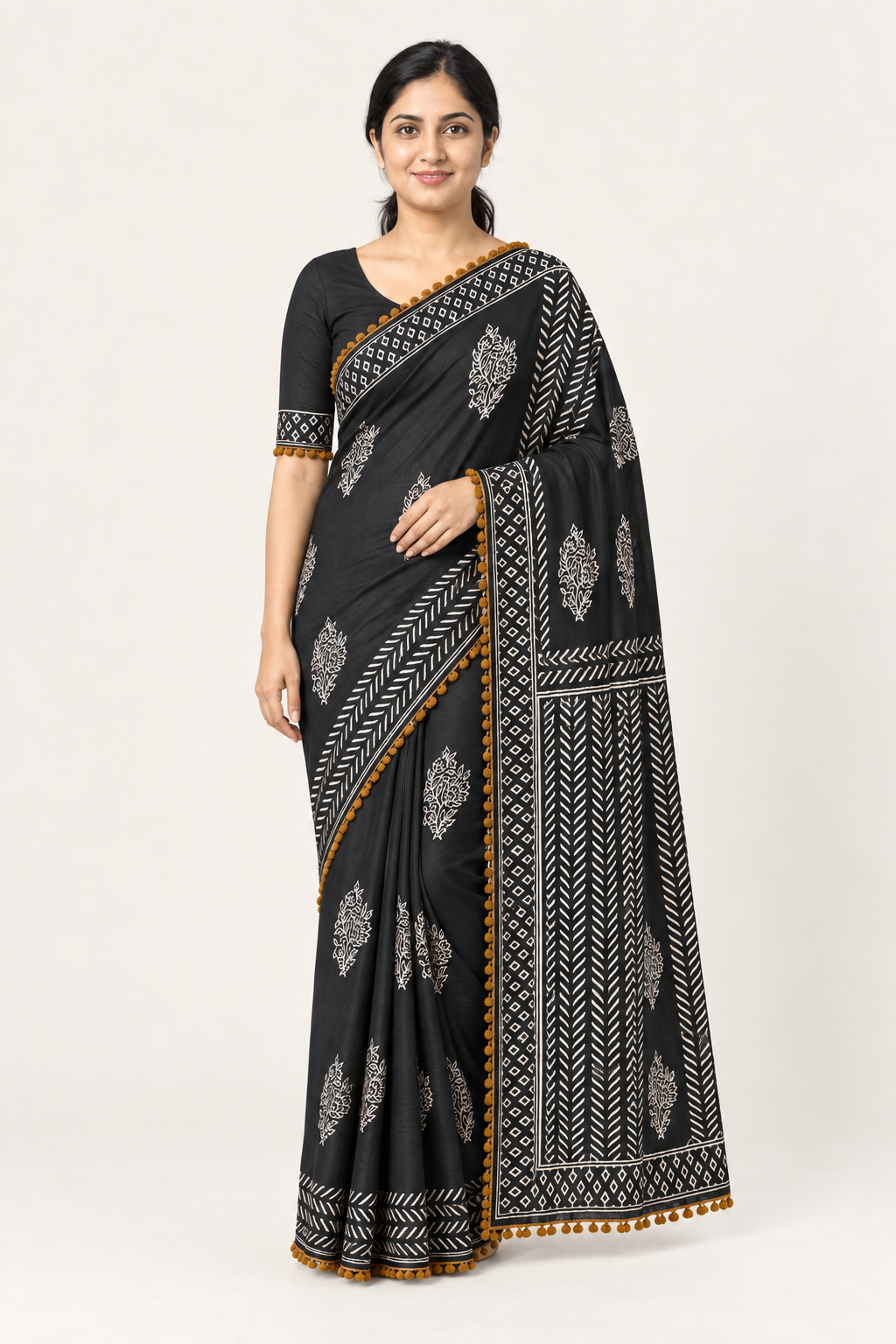 BLACK COTTON POM POM SAREE